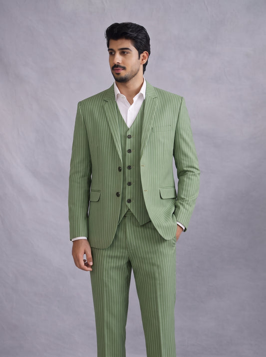 Club AK Men's Sage Green Pinstripe 3-Piece Suit | Premium Formal Wedding & Party Wear