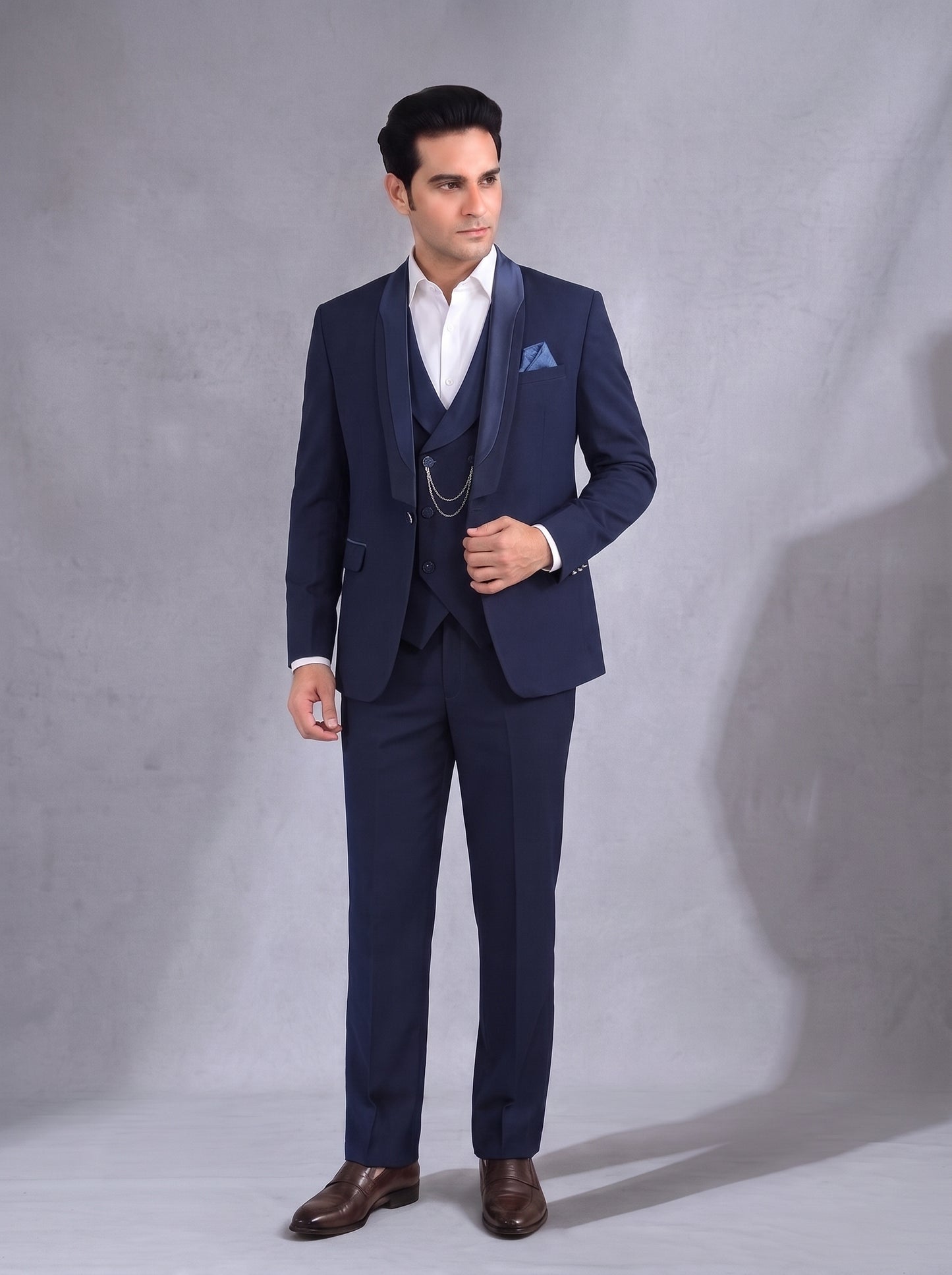 CLUB AK Men's Premium Navy Blue Tuxedo Three Piece Suit for Men | Elegant Reception & Party Wear