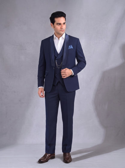CLUB AK Men's Premium Navy Blue Tuxedo Three Piece Suit for Men | Elegant Reception & Party Wear