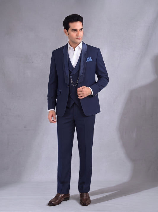 CLUB AK Men's Premium Navy Blue Tuxedo Three Piece Suit for Men | Elegant Reception & Party Wear