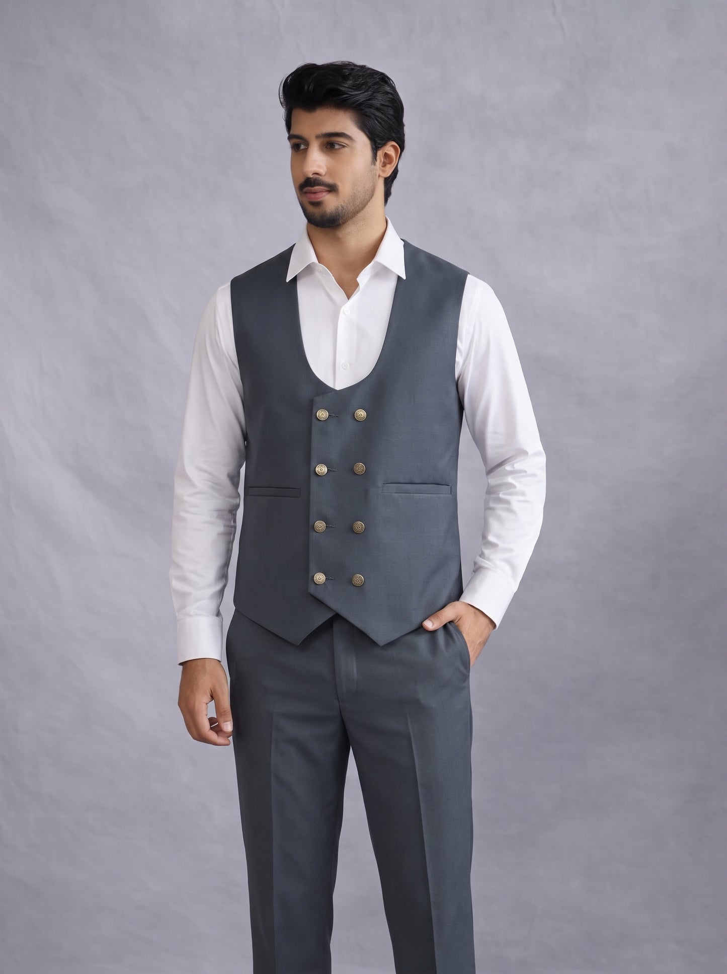 CLUB AK Men's Slate Grey Double Breasted Three Piece Suit for Men | Designer Wedding Suit Set