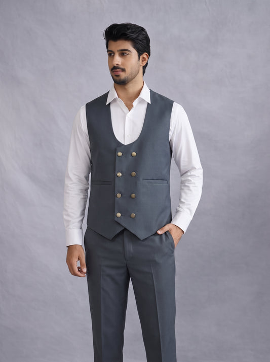 CLUB AK Men's Slate Grey Double Breasted Three Piece Suit for Men | Designer Wedding Suit Set