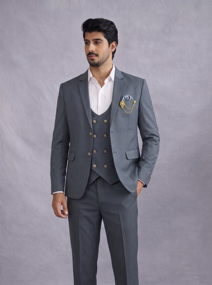CLUB AK Men's Slate Grey Double Breasted Three Piece Suit for Men | Designer Wedding Suit Set
