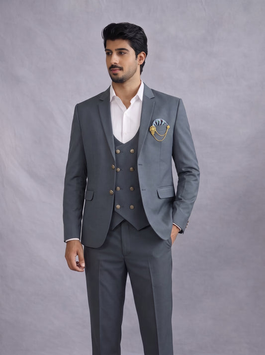 CLUB AK Men's Slate Grey Double Breasted Three Piece Suit for Men | Designer Wedding Suit Set