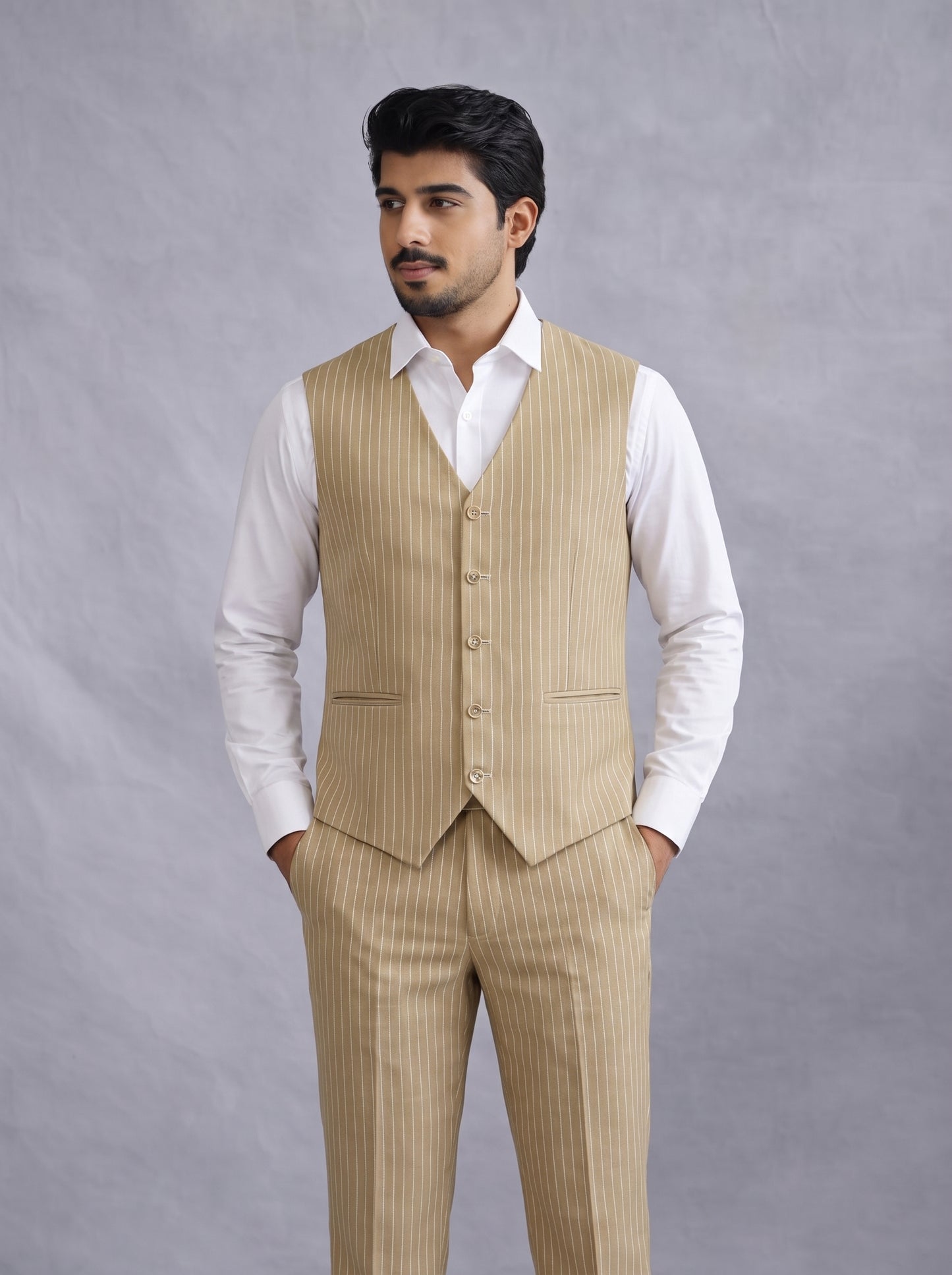 CLUB AK Men's Sand Beige Pinstripe Three Piece Suit for Men | Premium Formal & Party Wear