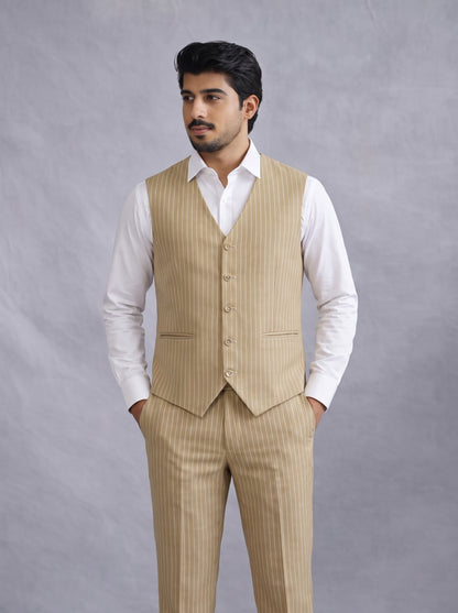 CLUB AK Men's Sand Beige Pinstripe Three Piece Suit for Men | Premium Formal & Party Wear