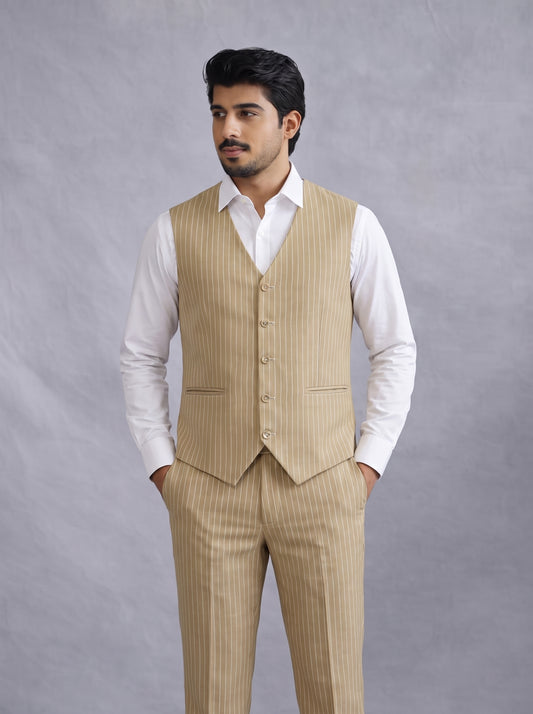 CLUB AK Men's Sand Beige Pinstripe Three Piece Suit for Men | Premium Formal & Party Wear