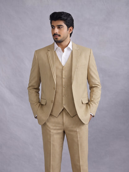 CLUB AK Men's Sand Beige Pinstripe Three Piece Suit for Men | Premium Formal & Party Wear