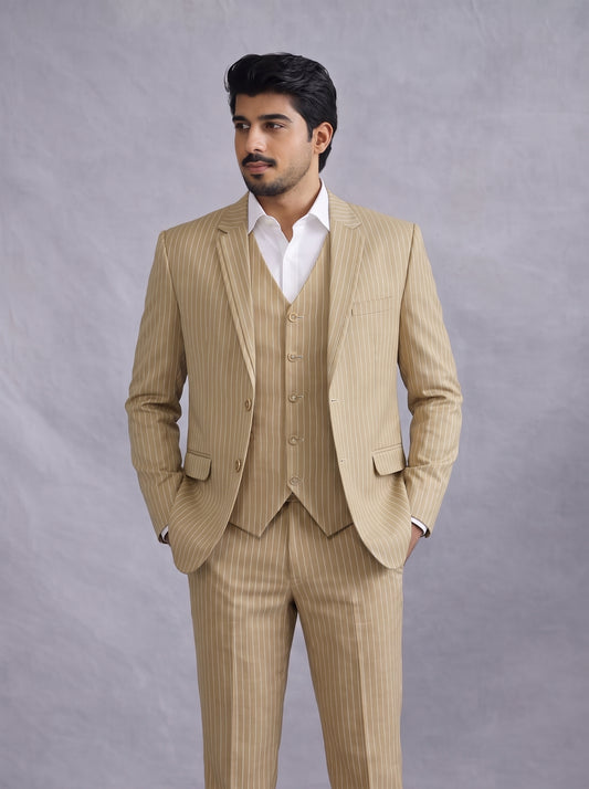 CLUB AK Men's Sand Beige Pinstripe Three Piece Suit for Men | Premium Formal & Party Wear