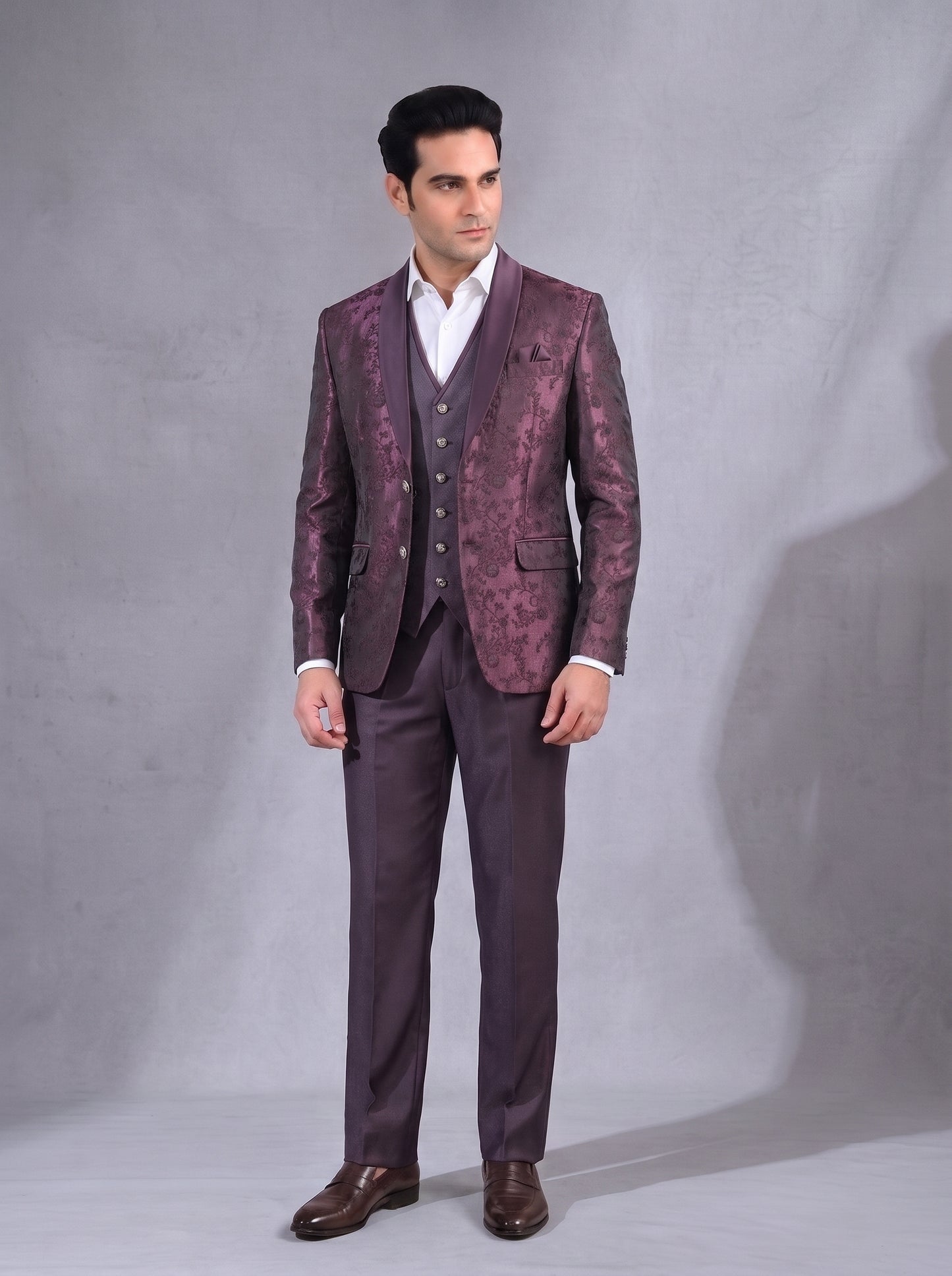 Club AK Premium Wine Jacquard 3 Piece Suit for Men | Designer Wedding & Reception Blazer Set