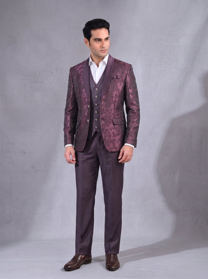 Club AK Premium Wine Jacquard 3 Piece Suit for Men | Designer Wedding & Reception Blazer Set