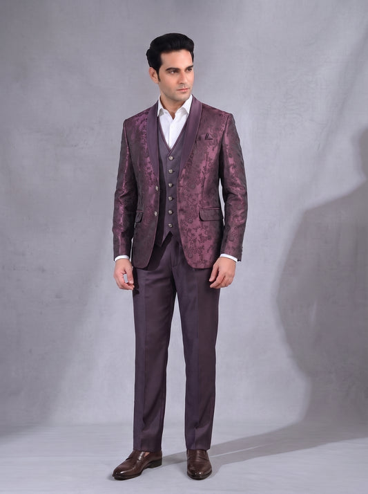 Club AK Premium Wine Jacquard 3 Piece Suit for Men | Designer Wedding & Reception Blazer Set