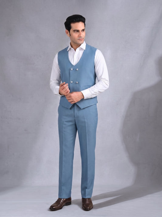 CLUB AK Men's Sky Blue Double Breasted Three Piece Suit for Men | Premium Party Wear