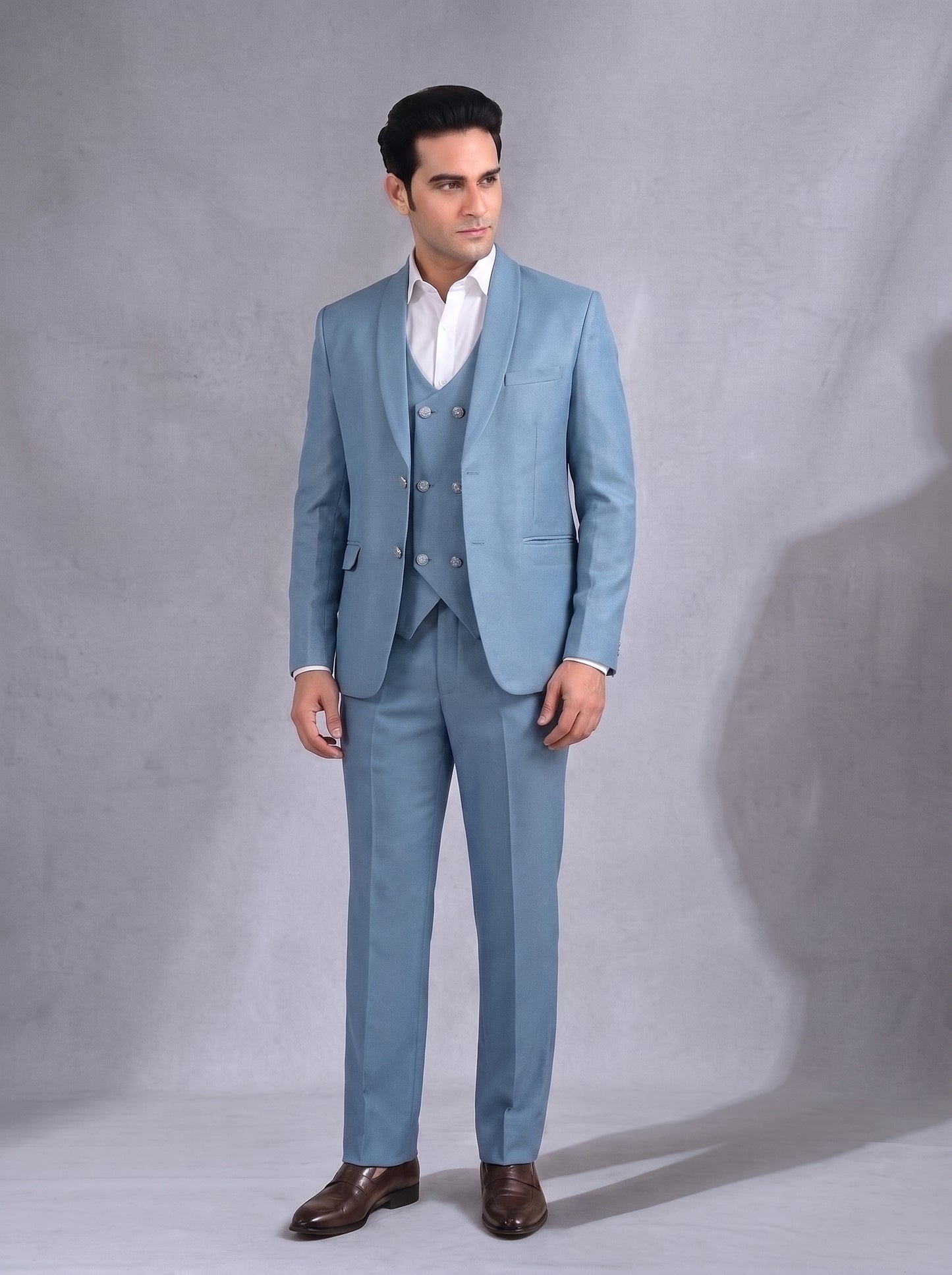 CLUB AK Men's Sky Blue Double Breasted Three Piece Suit for Men | Premium Party Wear