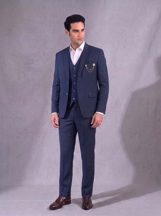 CLUB AK Men's Dark Blue Three Piece Suit for Men | Designer Wedding & Party Wear Blazer Set