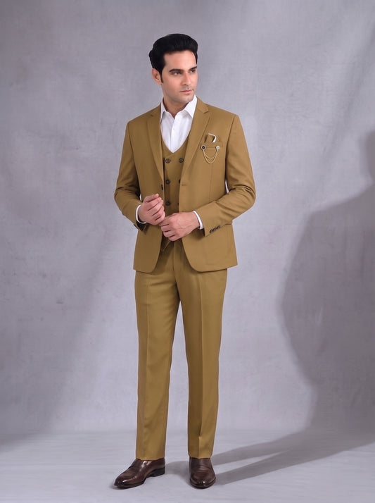 Club AK Men's Camel Brown 3 Piece Suit | Slim Fit Formal Wedding Blazer Set