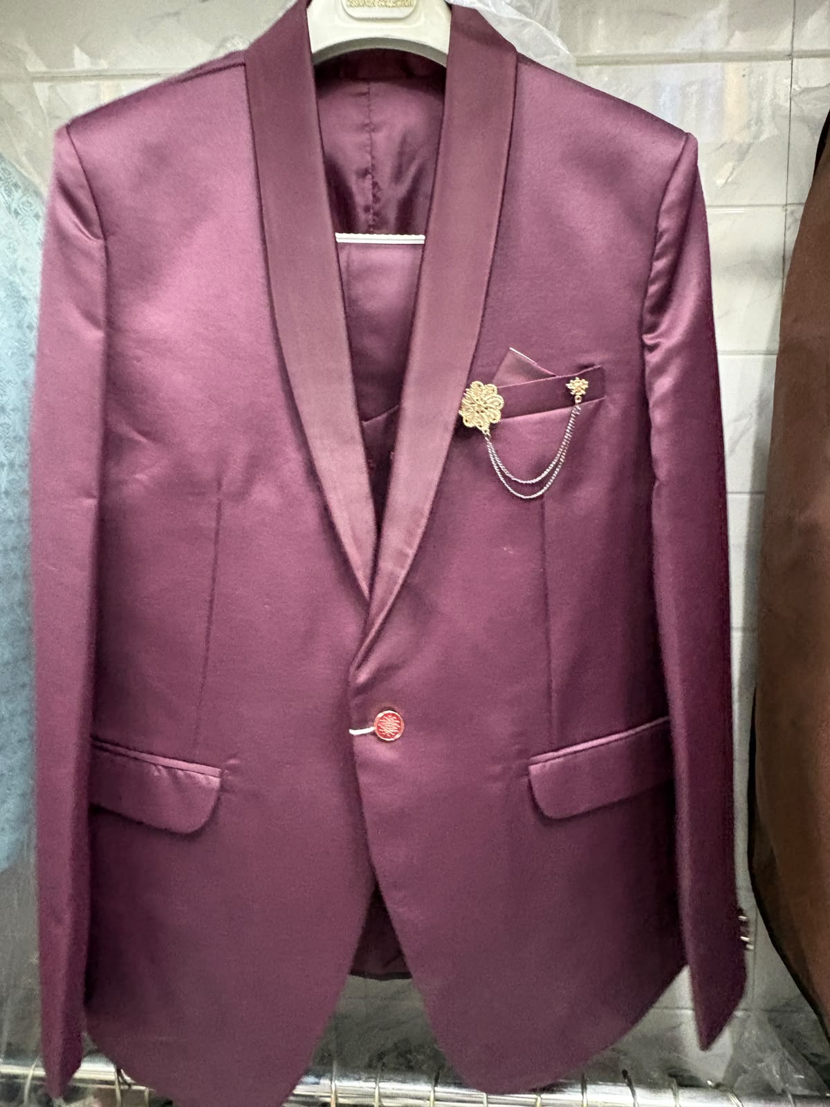 Club AK Men's Wine Purple Satin Finish Three Piece Suit
