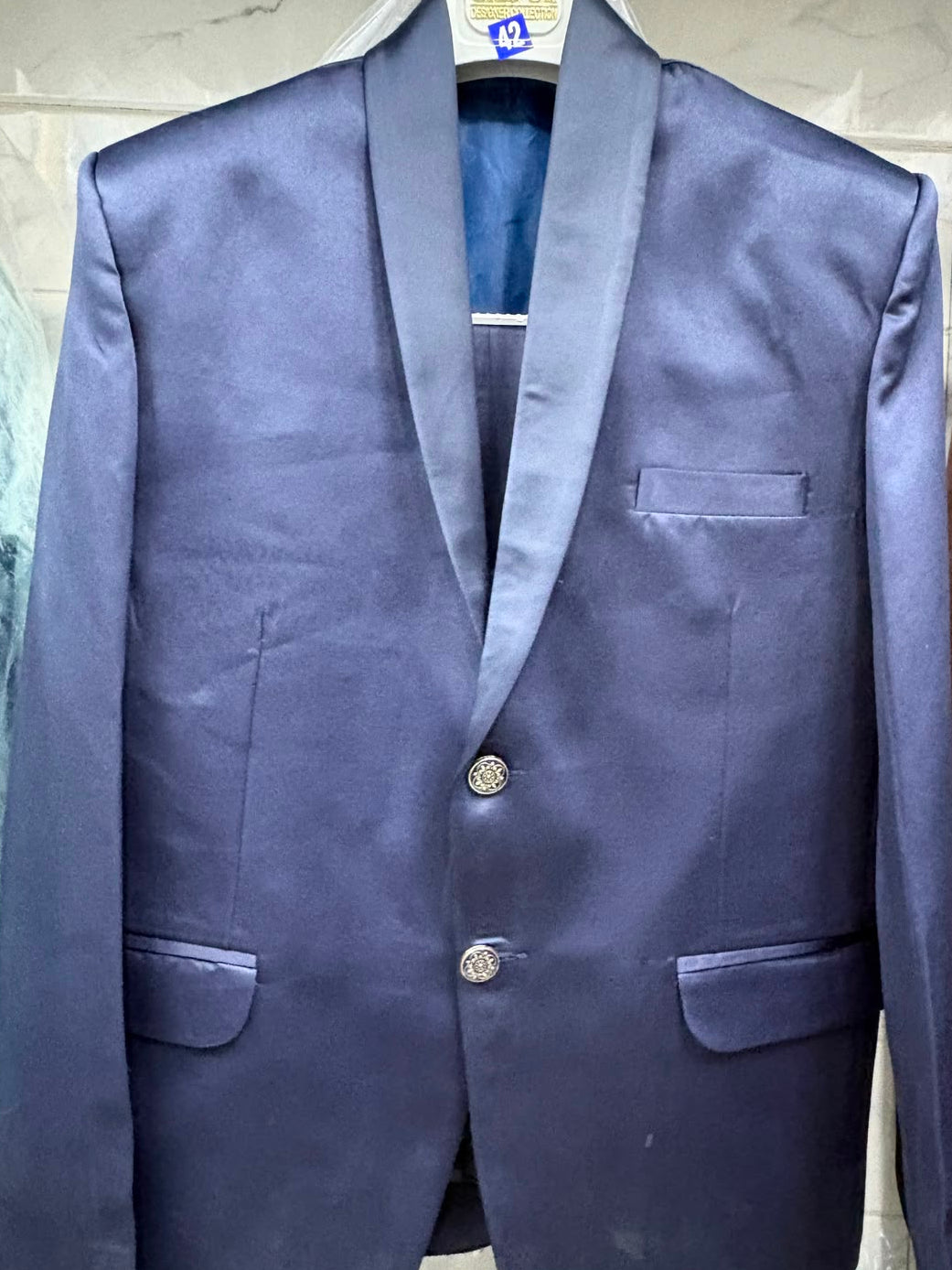 Club AK Men's Steel Blue Satin Three Piece Tuxedo Suit Set with Shawl Lapel for Wedding, Reception & Party Wear