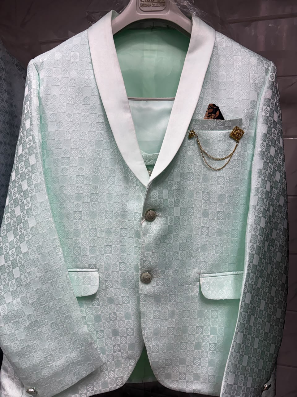 Club AK Men's Mint Green Textured Three Piece Suit Set with Shawl Lapel for Wedding, Reception & Party Wear