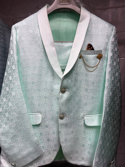 Club AK Men's Mint Green Textured Three Piece Suit Set with Shawl Lapel for Wedding, Reception & Party Wear