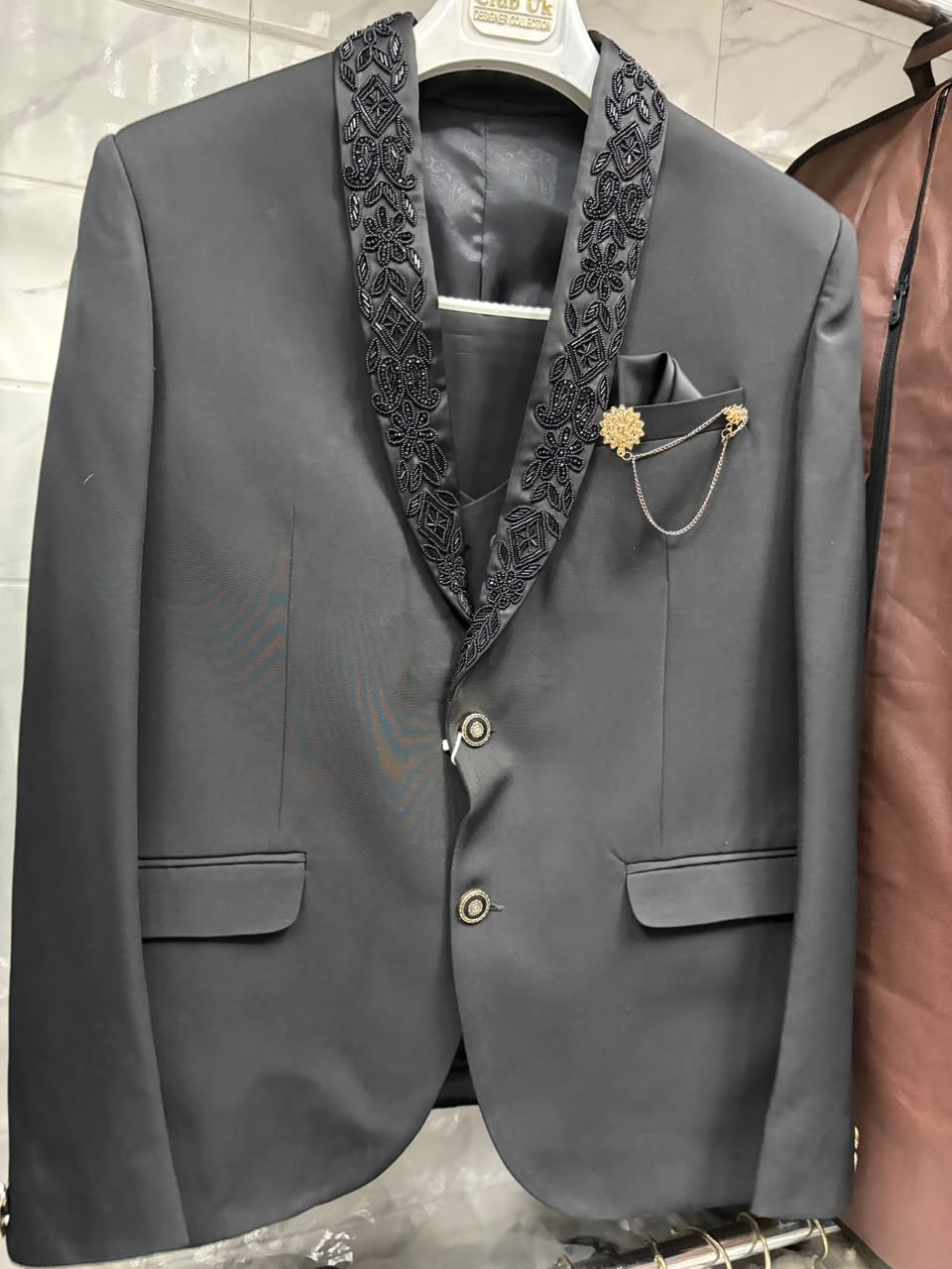 Club AK Men's Charcoal Grey Embroidered Shawl Lapel Three Piece Suit