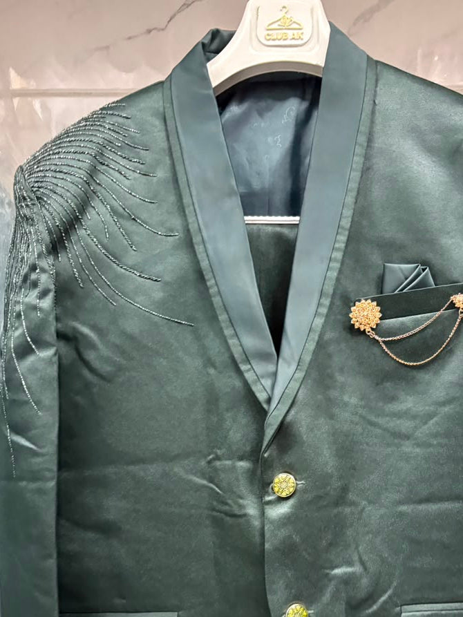 Club AK Men's Emerald Green Satin Three Piece Suit