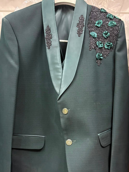 Club AK Men's Dark Teal Green Embroidered Three Piece Suit