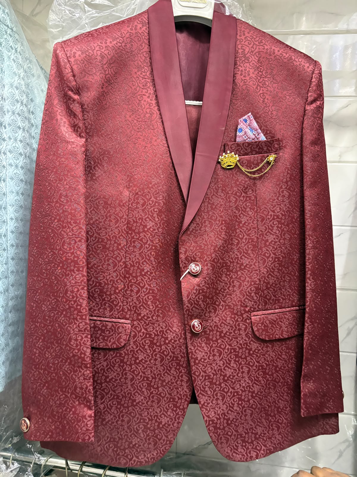 Club AK Men's Wine Jacquard Three Piece Suit with Shawl Lapel
