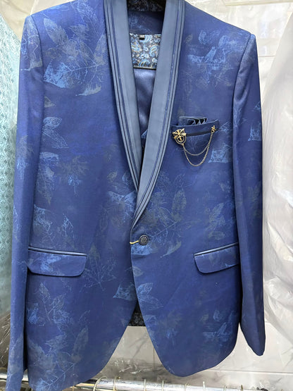 Club AK Men's Navy Blue Floral Jacquard Three Piece Suit