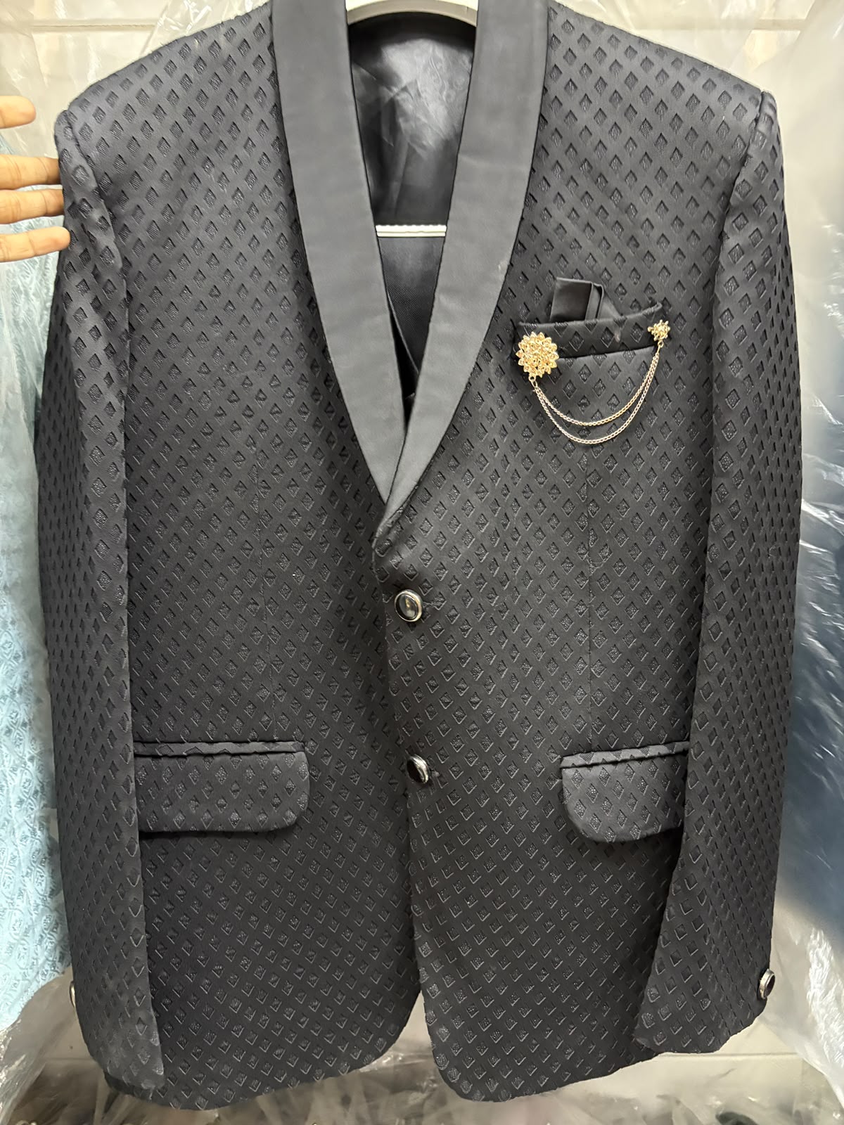 Club AK Men's Black Jacquard Three Piece Suit with Satin Shawl Lapel – Premium Wedding, Reception & Party Wear Suit