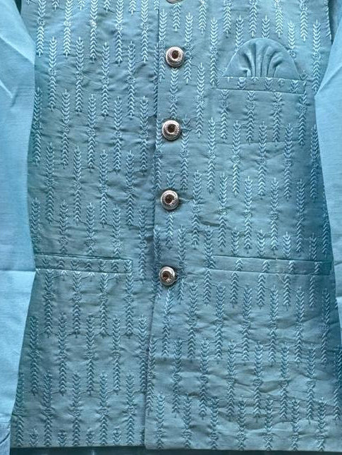 Club AK Men's Sky Blue Kurta Pajama with Textured Nehru Jacket – Premium Ethnic Wear for Wedding, Festive & Party
