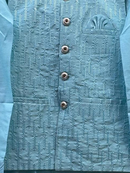 Club AK Men's Sky Blue Kurta Pajama with Textured Nehru Jacket – Premium Ethnic Wear for Wedding, Festive & Party