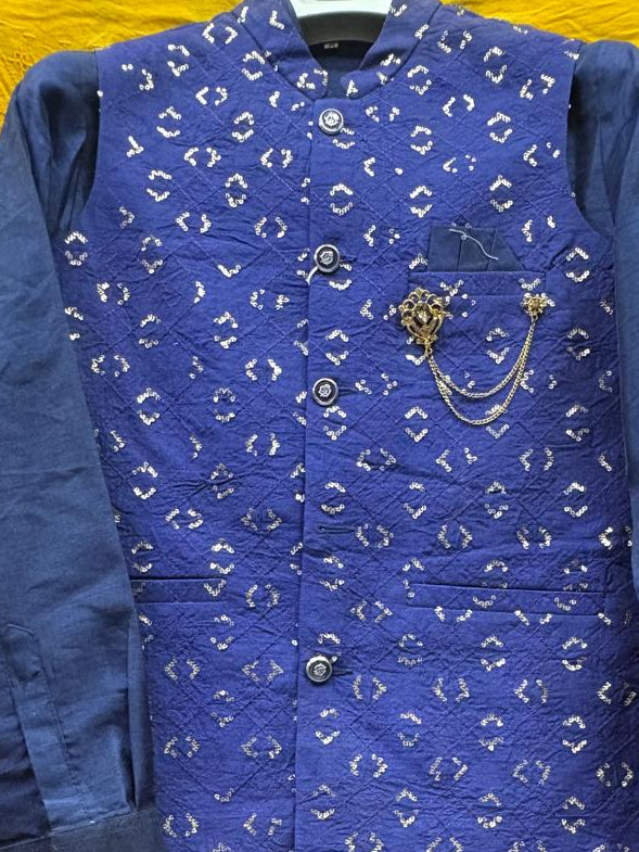 Club AK Men's Navy Blue Jacquard Nehru Jacket with Kurta Pajama Set