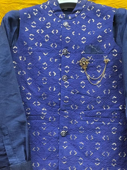 Club AK Men's Navy Blue Jacquard Nehru Jacket with Kurta Pajama Set
