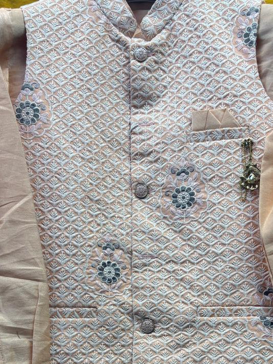 Club AK Men's Peach Kurta Pajama with Designer Embroidered Nehru Jacket for Wedding Wear