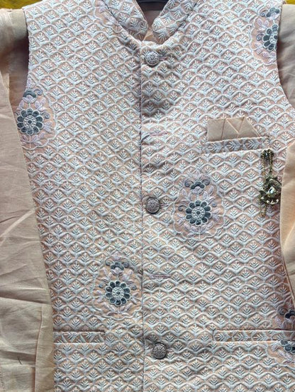 Club AK Men's Peach Kurta Pajama with Designer Embroidered Nehru Jacket for Wedding Wear