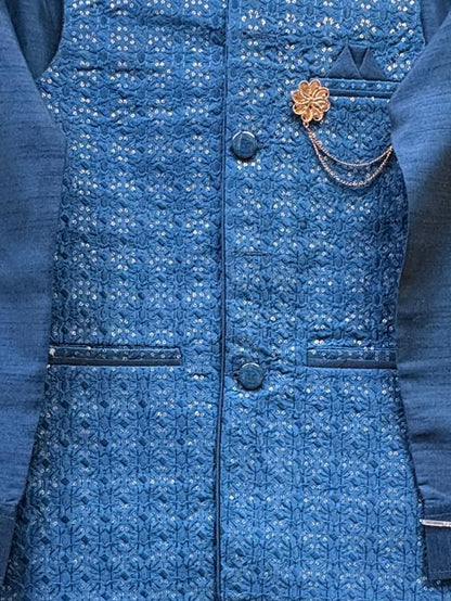 Club AK Men's Steel Blue Kurta Pajama with Textured Nehru Jacket – Premium Wedding, Festive & Ethnic Wear for