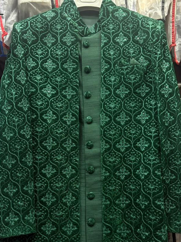 Club AK Men's Premium Sage Green Textured Bandhgala Suit | Kurta Pajama Wedding & Party Wear