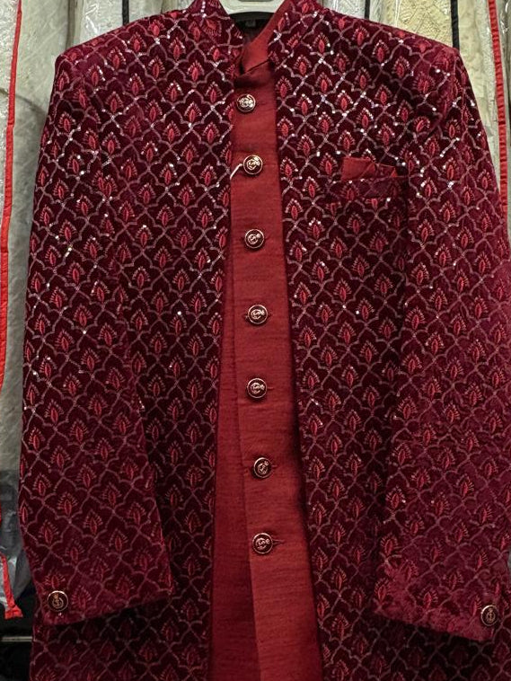 Club AK Men's Premium Maroon Embroidered Indo Western Suit | Wedding & Reception Wear