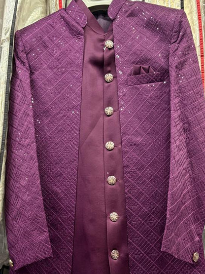 Club AK Men's Royal Purple Embroidered Indo Western Suit | Wedding & Party Wear