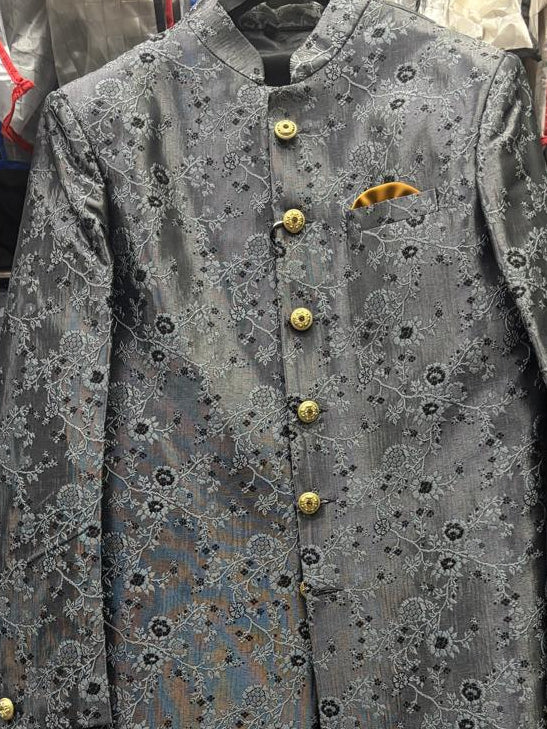 Club AK Men’s Premium Grey Embroidered Indo Western Suit | Wedding & Party Wear