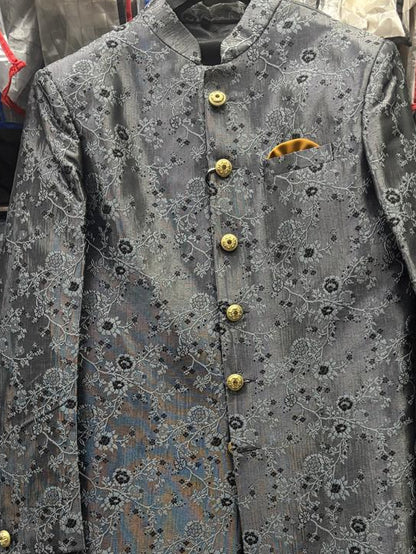 Club AK Men’s Premium Grey Embroidered Indo Western Suit | Wedding & Party Wear