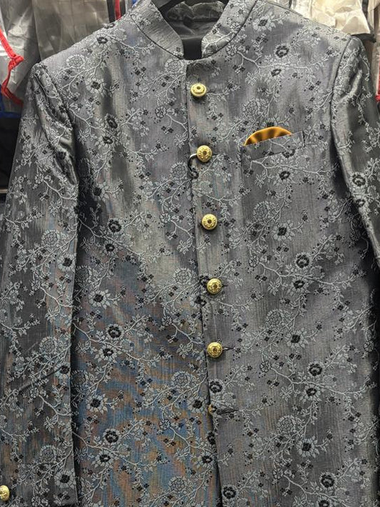 Club AK Men’s Premium Grey Embroidered Indo Western Suit | Wedding & Party Wear