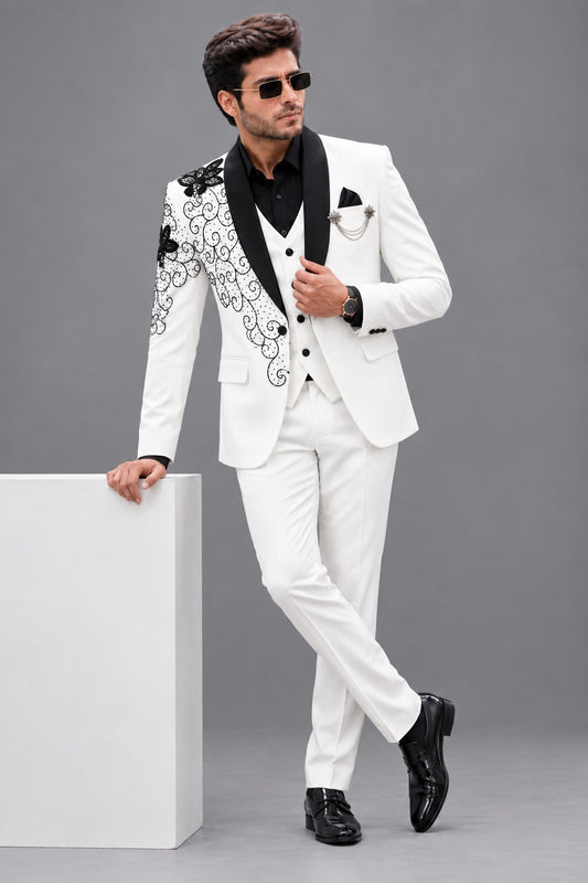 CLUBAK Men’s Designer Tuxedo Suit | Embroidered Party Wear and Tree piece suit
