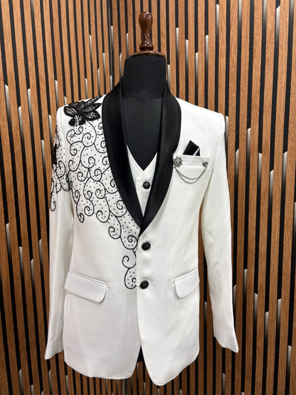 CLUBAK Men’s Designer Tuxedo Suit | Embroidered Party Wear and Tree piece suit