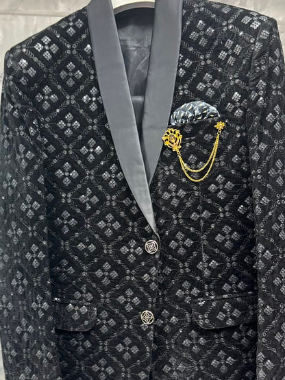 Club AK Men's Premium Black Embellished Three-Piece Tuxedo Suit with Satin Shawl Lapel