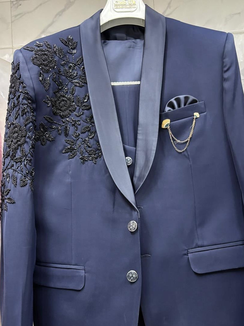 Club AK Men’s Premium Navy Blue Embroidered Tuxedo Suit