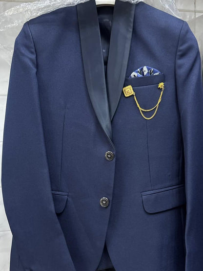 Club AK Men's Royal Navy Shawl Lapel Three-Piece Suit with Designer Blazer, Waistcoat & Trousers