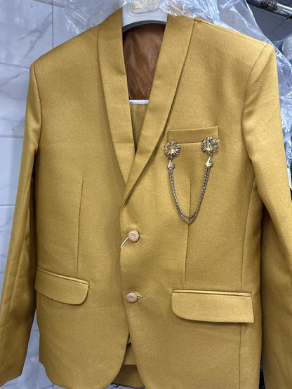 Club AK Men's Regal Mustard Gold Three-Piece Suit with Premium Blazer, Waistcoat & Trousers