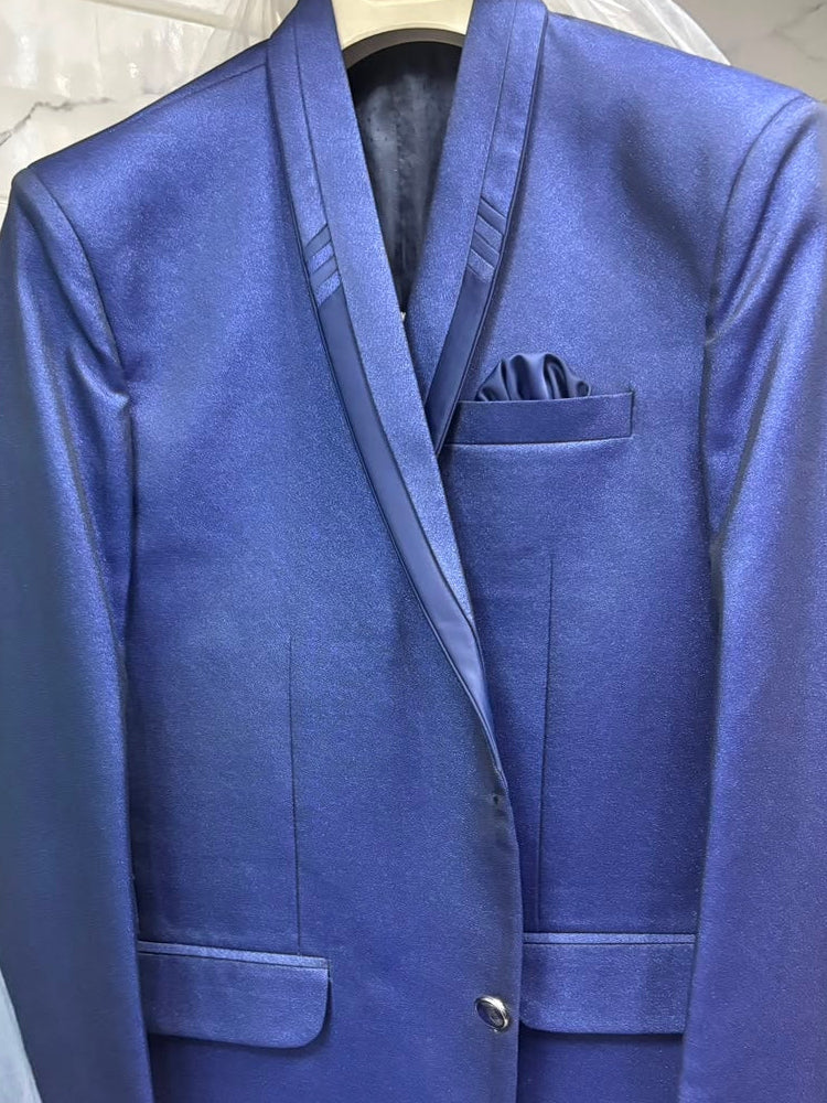 Club AK Men's Premium Royal Blue Satin Finish Two-Piece Suit with Shawl Lapel